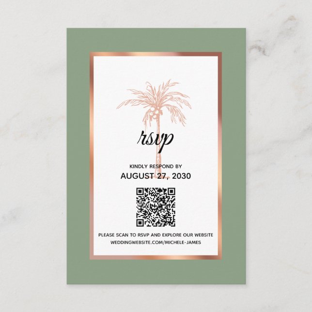 Cartons Réponse Rose Sage Gold Copper Palm Tree QR Code Mariage (Devant)