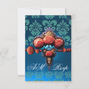 CARTONS RÉPONSE ROSES DE CORAIL ROUGE, BLEU BLACK DAMASK MONOGRAM