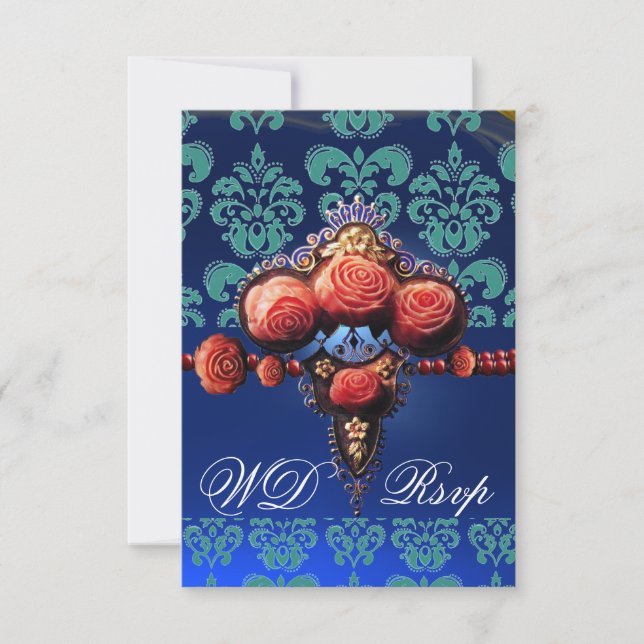CARTONS RÉPONSE ROSES DE CORAIL ROUGE, BLEU BLACK DAMASK MONOGRAM  (Devant)
