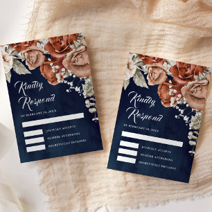 Cartons Réponse Roses orange brûlé Terracotta Floral Navy Mariage
