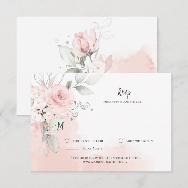 Cartons Réponse Roses Rose Pâle Lavis Aquarelle Rose Pastel (Devant / Derrière)