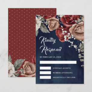 Cartons Réponse Roses rouges de Bourgogne Fleurs Mariage bleu mari