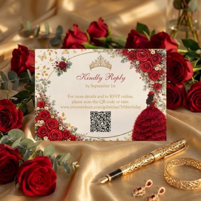 Cartons Réponse Roses Rouges Papillons Dorés Quinceañera (Créateur téléchargé)
