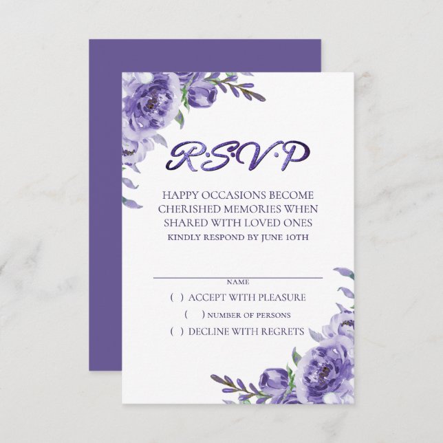 Cartons Réponse Roses violets | Elégante aquarelle florale Boho (Devant / Derrière)