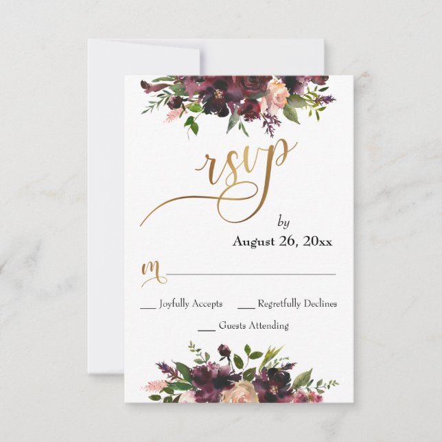 Cartons Réponse Rouge Bourgogne Blush Floral Gold Script Wedding R (Devant)
