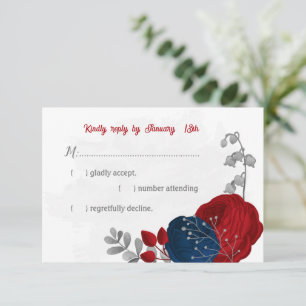 Cartons Réponse rouge et bleu marine fleurs argent mariage botaniq