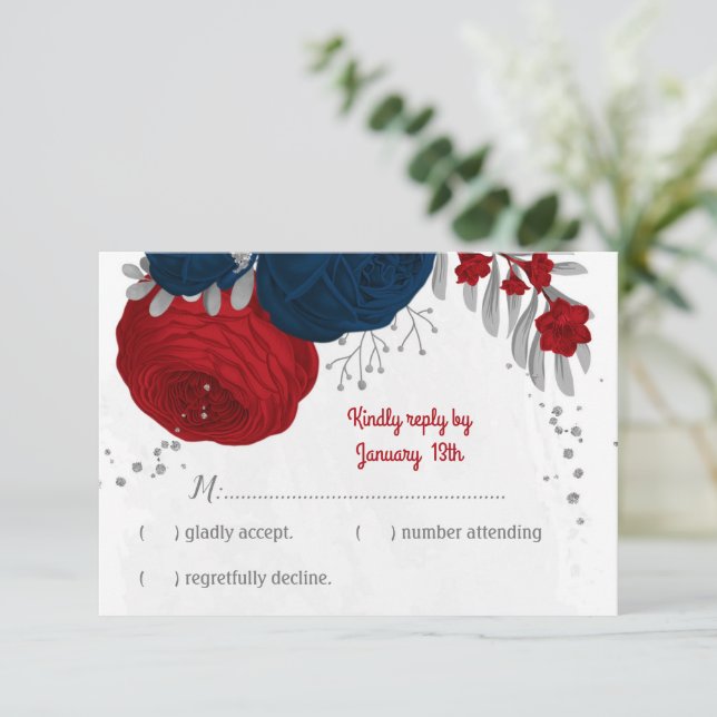 Cartons Réponse rouge et bleu marine fleurs argent mariage botaniq (Debout devant)