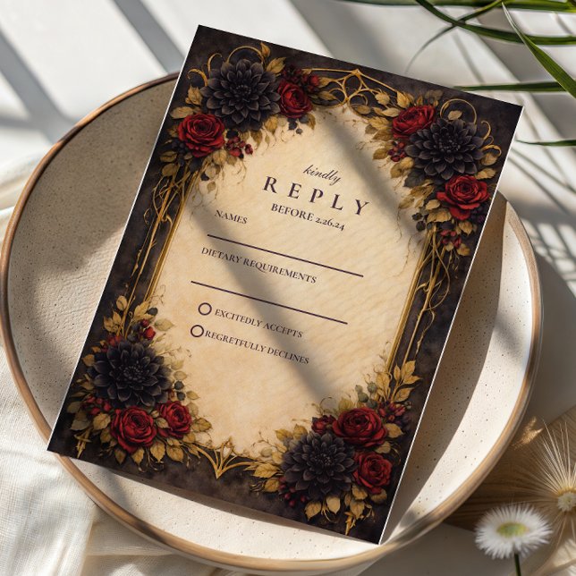 Cartons Réponse Rouge Foncé Floral Baroque Mariage (Créateur téléchargé)