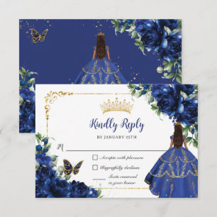 Cartons Réponse Royal Blue Butterflies Princess Gold Quinceañera