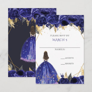 Cartons Réponse Royal Blue Gold Floral Princess Quinceanera