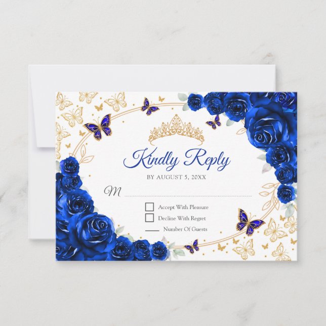 Cartons Réponse Royal Blue Gold Floral Quinceanera Reply (Devant)