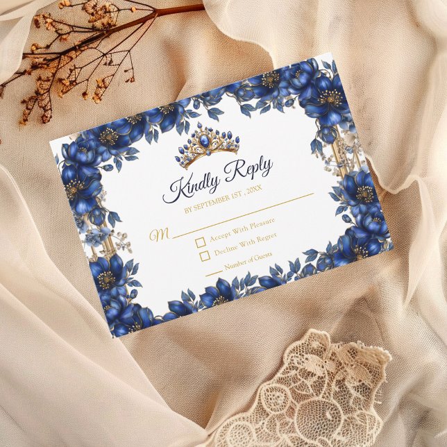 Cartons Réponse Royal Blue Golden Tiara Floral Quinceañera (Créateur téléchargé)