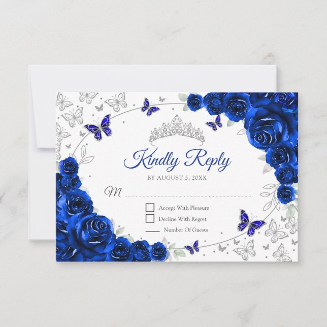 Cartons Réponse Royal Blue Silver Floral Quinceanera Reply (Devant)