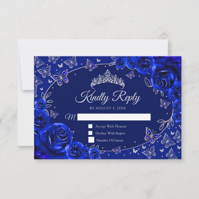 Cartons Réponse Royal Blue Silver Quinceanera Reply (Devant)