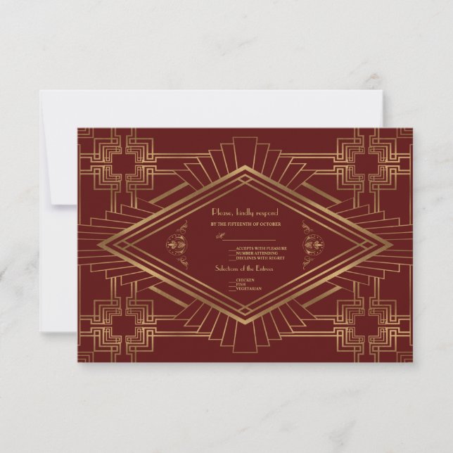 Cartons Réponse Royal Burgundy Gold Great Gatsby Mariage (Devant)