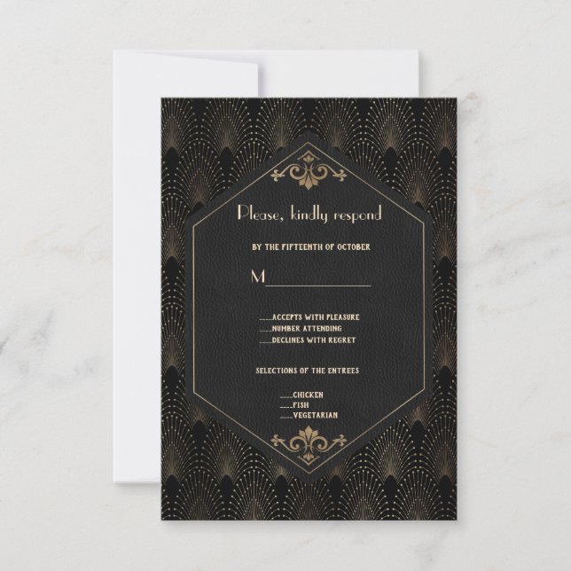 Cartons Réponse Royal Gold Black Great Gatsby Art Déco Mariage (Devant)
