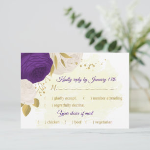 Cartons Réponse royal violet blanc fleurs or choix de repas