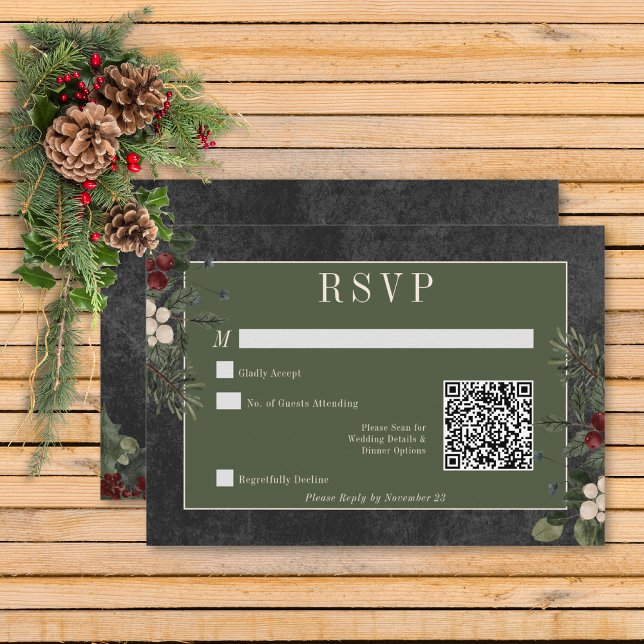 Cartons Réponse Russe Berries d'hiver et pin noir QR Code (Rustic Winter Berries & Pine Black Wedding Response Card with QR Code)