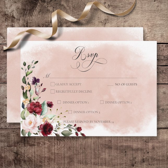 Cartons Réponse Russe Bourgogne et rose pâle Mariage Roses (Rustic Burgundy & Blush Pink Roses Wedding Response Card with Dinner Options)