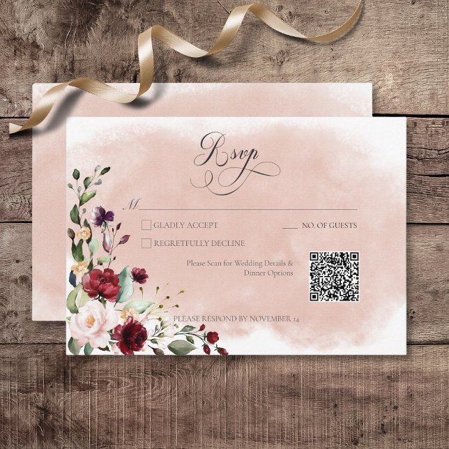 Cartons Réponse Russe Bourgogne & Roses Roses Roses Roses Roses Ro (Rustic Burgundy & Blush Pink Roses Wedding Response Card with QR Code)