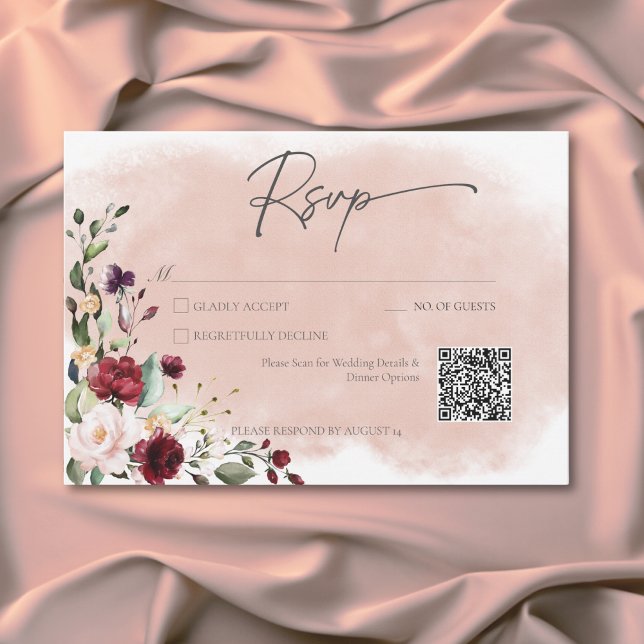 Cartons Réponse Russe Bourgogne & Roses Roses Roses Roses Roses Ro (Rustic Burgundy & Blush Pink Roses QR Code RSVP Card)