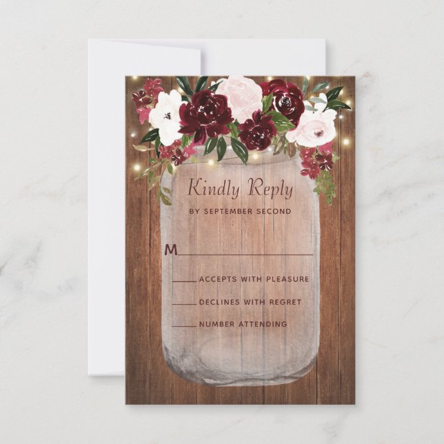 Cartons Réponse Russe Floral Mason Jar Burgundy Blush Mariage (Devant)