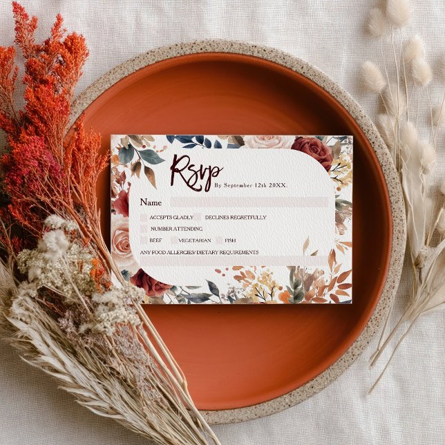 Cartons Réponse Russe Neutre Bourgogne Boho Automne Mariage Floral (Rustic Neutral Burgundy Boho Fall Floral Wedding RSVP Card)
