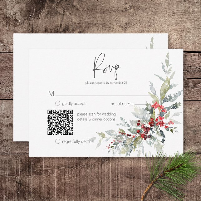 Cartons Réponse Russe Winter Holly Berries & Snow Mariage QR Code (Rustic Winter Holly Berries & Snow Wedding Response Card with QR Code)