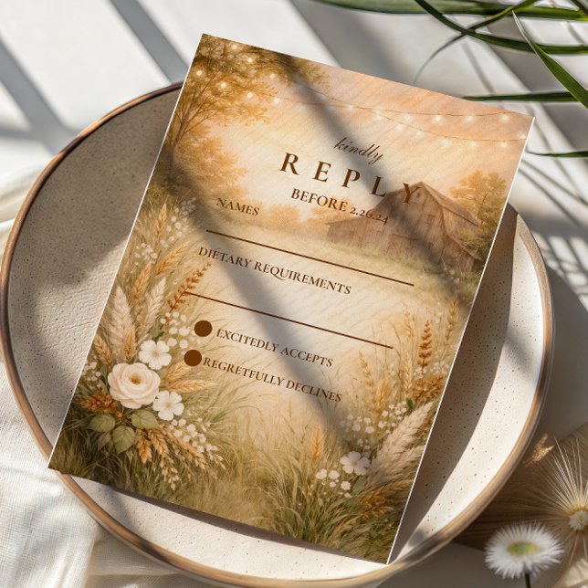 Cartons Réponse Rustic Barn Meadow String Lights Wedding (Créateur téléchargé)