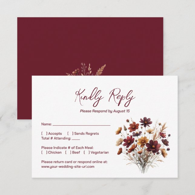 Cartons Réponse Rustic Burgundy Boho Chic Wildflowers Wedding (Devant / Derrière)