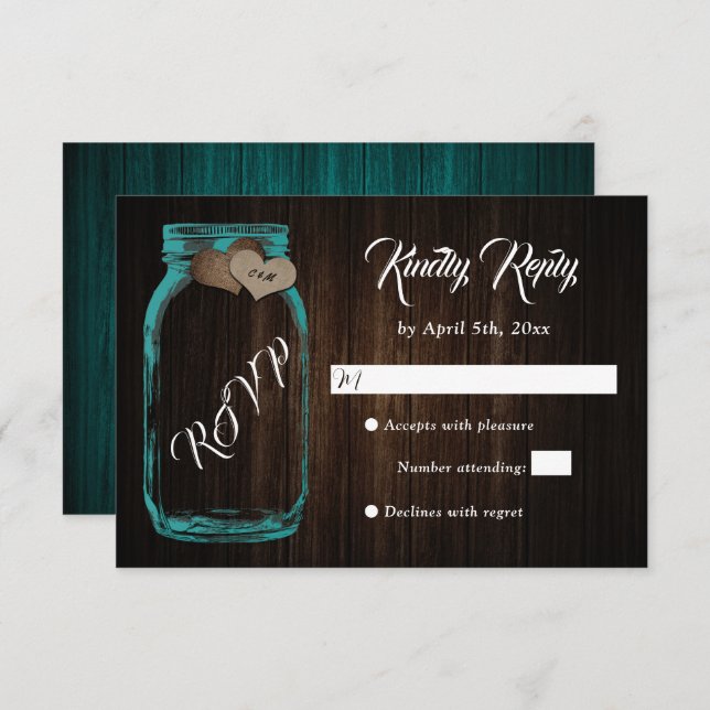 Cartons Réponse Rustic Country Wood Heart Mason Jar Wedding Weddin (Devant / Derrière)