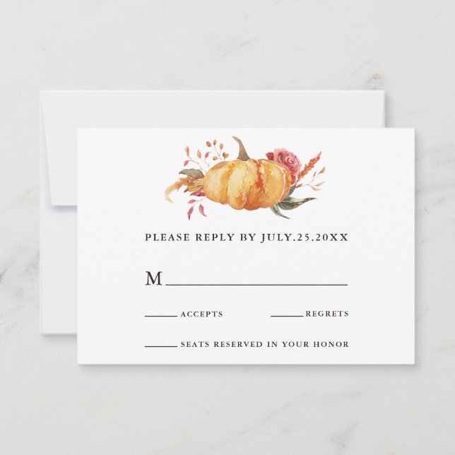 Cartons Réponse Rustic Fall Gold Floral Citrouille Mariage (Dos)