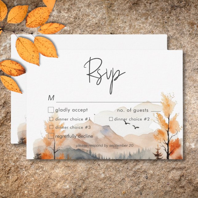 Cartons Réponse Rustic Fall Mountain Scene Dîner d'aquarelle (Rustic Fall Mountain Scene Watercolor Dinner RSVP Card)