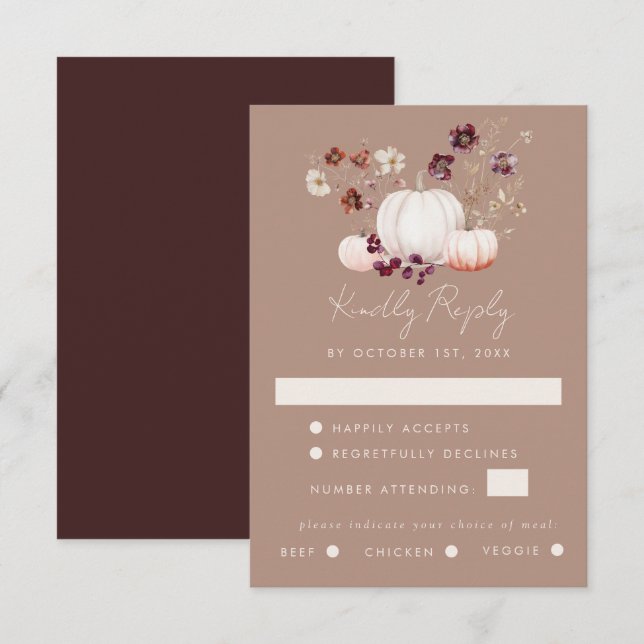 Cartons Réponse Rustic Fall Taupe Floral Citrouille Mariage (Devant / Derrière)