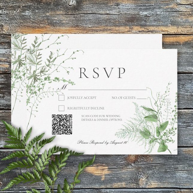 Cartons Réponse Rustic Fern Foliage Emerald Green QR Code (Rustic Fern Foliage Emerald Green QR Code RSVP Card )