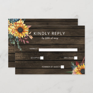 Cartons Réponse Rustic Grange Wood Country Sunflowers Mariage