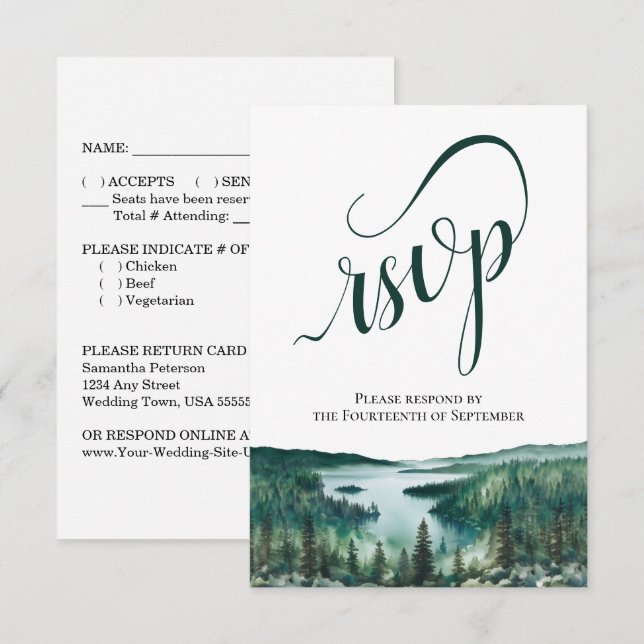 Cartons Réponse Rustic Lake Tahoe Elegant Script Wedding (Devant / Derrière)
