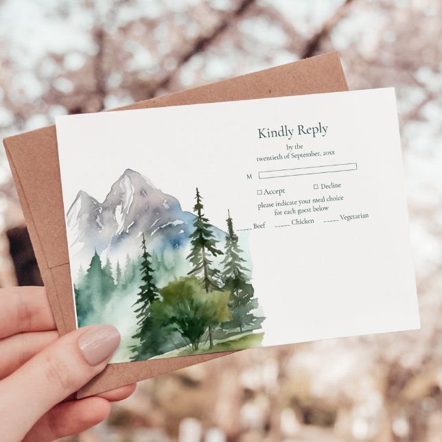 Cartons Réponse Rustic Mountain Forest Evergreen Tree Wedding (Créateur téléchargé)