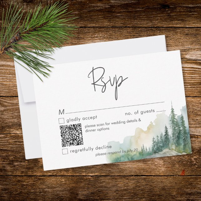 Cartons Réponse Rustic Mountain Lake Scene Watercolor QR Code (Rustic Mountain Lake Scene Watercolor QR Code RSVP Card)