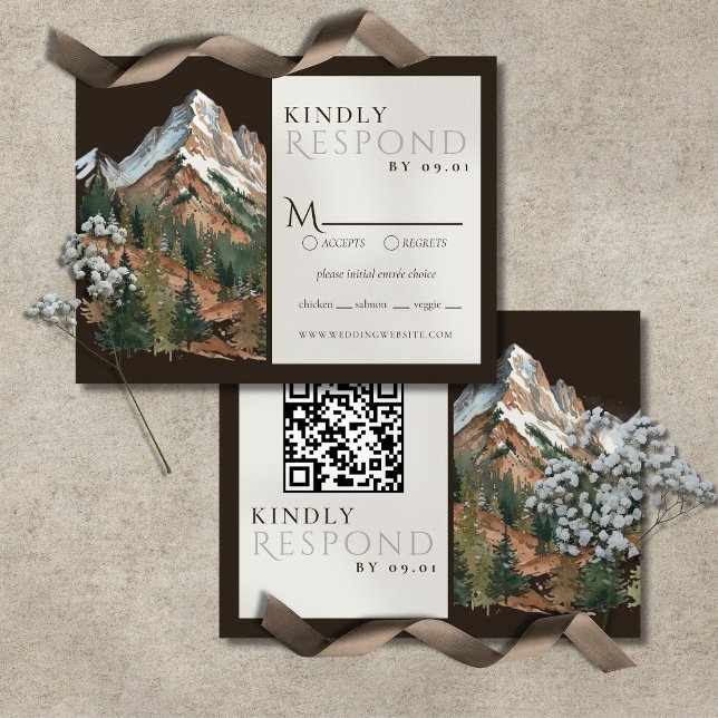 Cartons Réponse Rustic Mountain Landscape Watercolor Wedding QR  (Rustic Mountain Landscape Watercolor Wedding QR RSVP Card)
