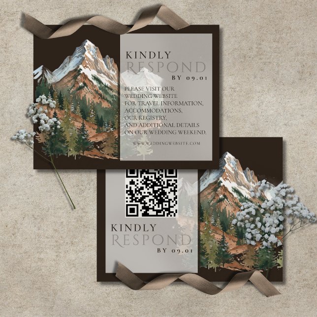 Cartons Réponse Rustic Mountain Landscape Watercolor Wedding QR  (Rustic Mountain Landscape Watercolor Wedding QR RSVP Card)