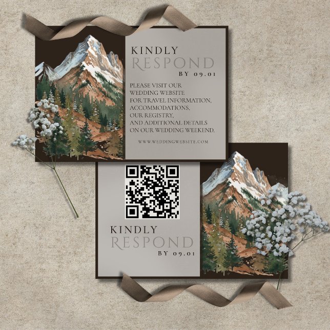 Cartons Réponse Rustic Mountain Landscape Watercolor Wedding QR  (Rustic Mountain Landscape Watercolor Wedding QR RSVP Card)