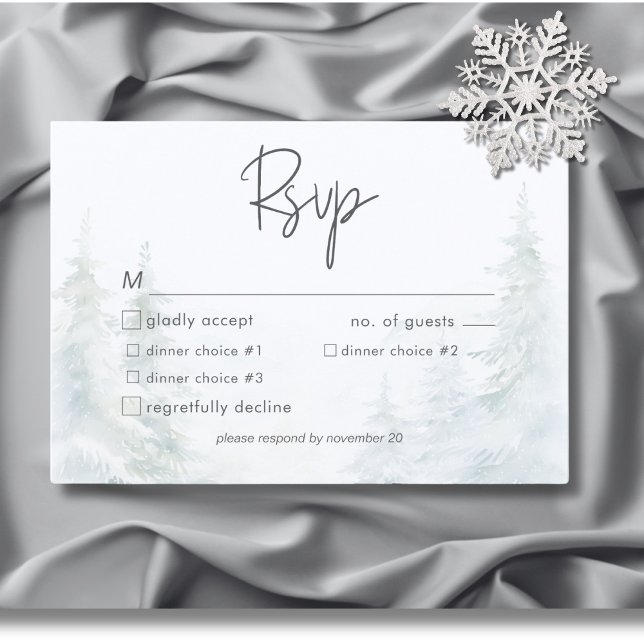 Cartons Réponse Rustic Mountain Winter Scene Dîner Aquarelle Dîner (Rustic Mountain Winter Scene Watercolor Dinner RSVP Card)