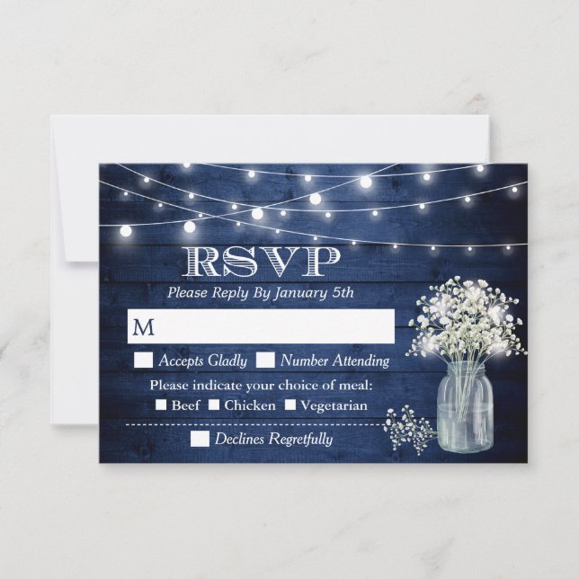 Cartons Réponse Rustic Navy Blue Wood Baby's Breath String Lumière (Devant)