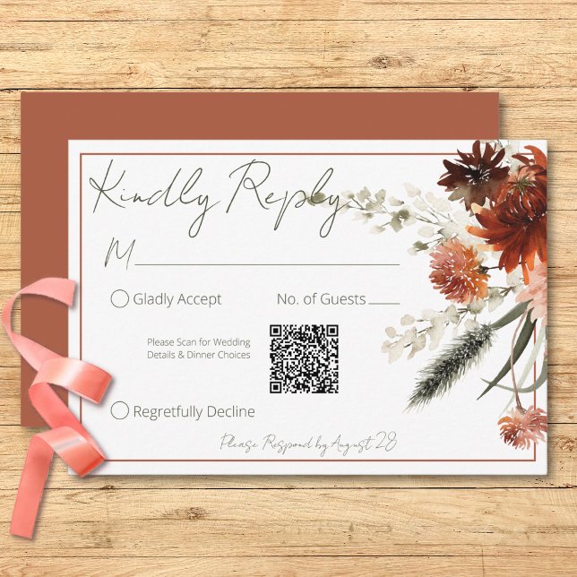Cartons Réponse Rustic Terracotta Rust Flowers Mariage QR Code (Rustic Terracotta Rust Flowers Wedding QR Code RSVP Card)