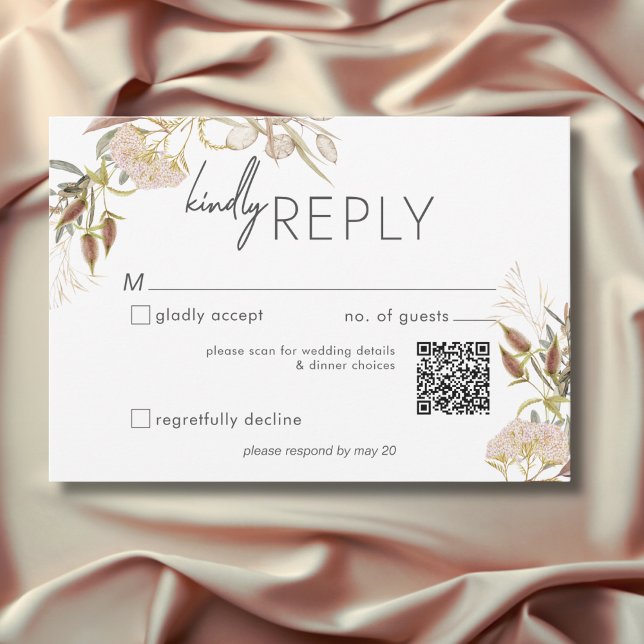 Cartons Réponse Rustique Boho Delicate Automne Fleur sauvage Maria (Rustic Boho Delicate Fall Wildflowers Wedding QR Code RSVP Card)