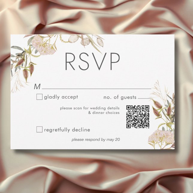Cartons Réponse Rustique Boho Delicate Automne Fleur sauvage Maria (Rustic Boho Delicate Fall Wildflowers Wedding QR Code RSVP Card)