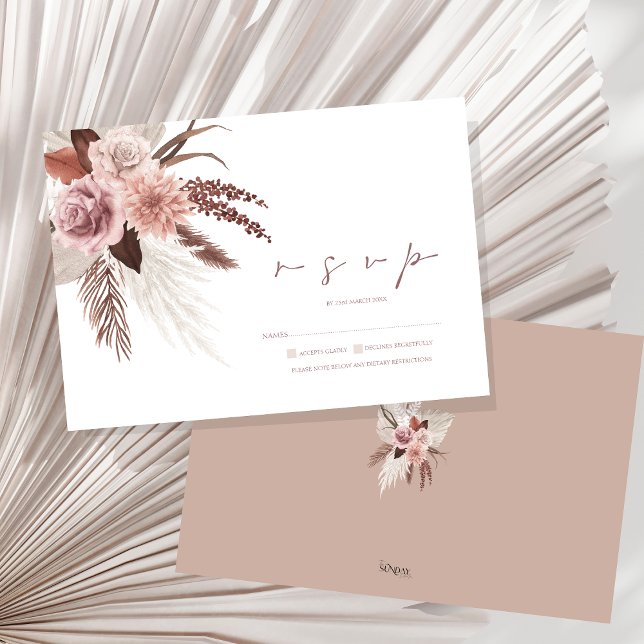 Cartons Réponse Rustique Boho Pampas Grass Mariage en terre cuite (Boho Dusty Pink Dried Flowers Pampas Grass Wedding RSVP Card)