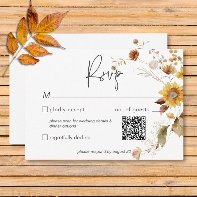 Cartons Réponse Rustique Delicate Automne Floral Wreath Mariage QR (Rustic Delicate Fall Floral Wreath Wedding QR Code RSVP Card)