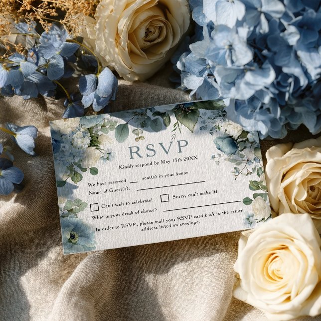 Cartons Réponse Rustique Elegant Bleu Hydrangea Mariage Rose ivoir (Rustic Elegant Blue Hydrangea Ivory Rose Wedding RSVP Card)